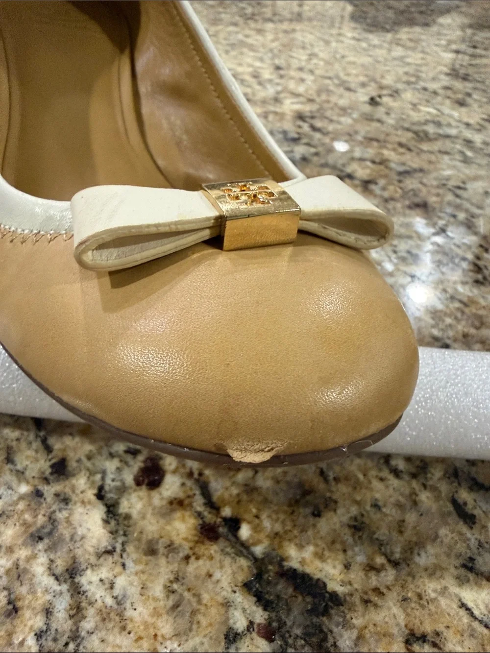 Tory Burch Tan and White Bow Ballet Wedges